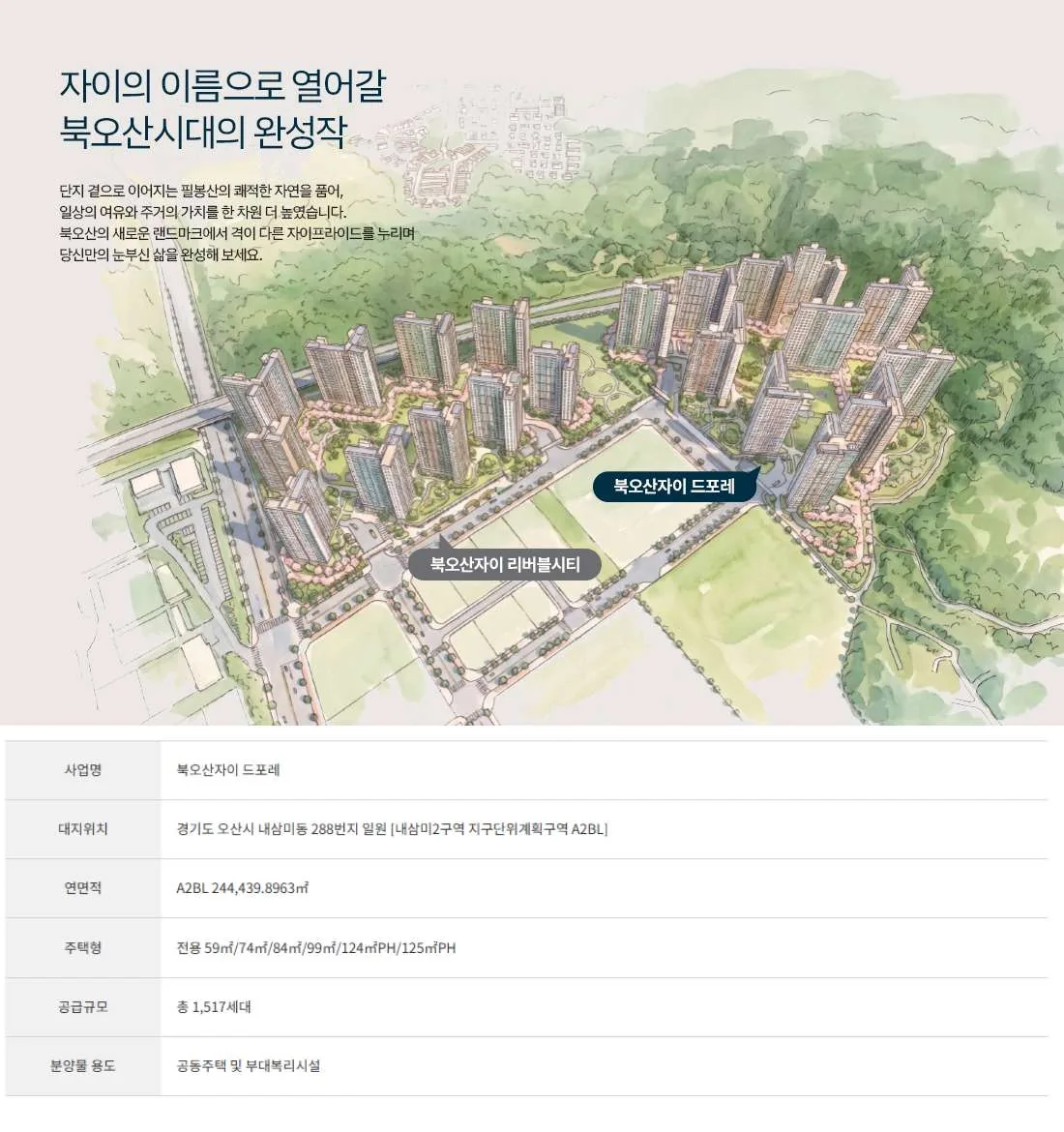 북오산자이 드포레 사업개요 및 단지배치도
